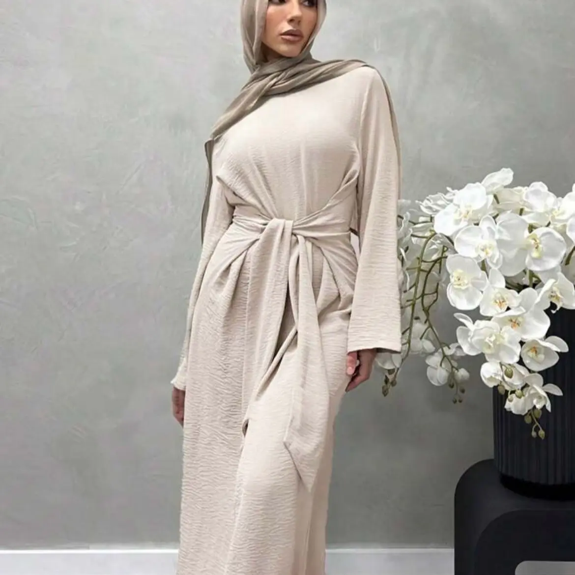 Women's Winter Autumn Modest Apparel Tie Front Long Abaya