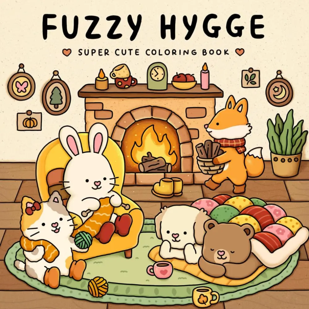 Fuzzy Hygge: Cute and Cozy Coloring Book for Adults & Teens Featuring Adorable Animals Characters for Stress Relief (Fuzzy Friends Coloring) Paperback