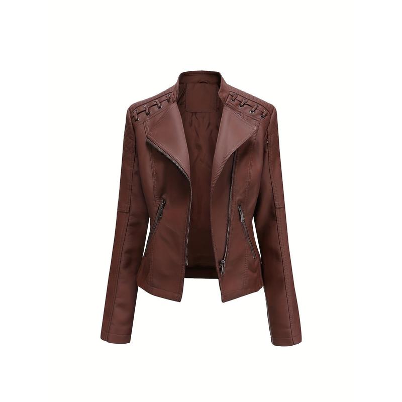 Faux Leather Zip-up Biker Jacket, Casual Long Sleeve Lace Up Lapel Jacket For Spring & Fall, Women's Clothing 3