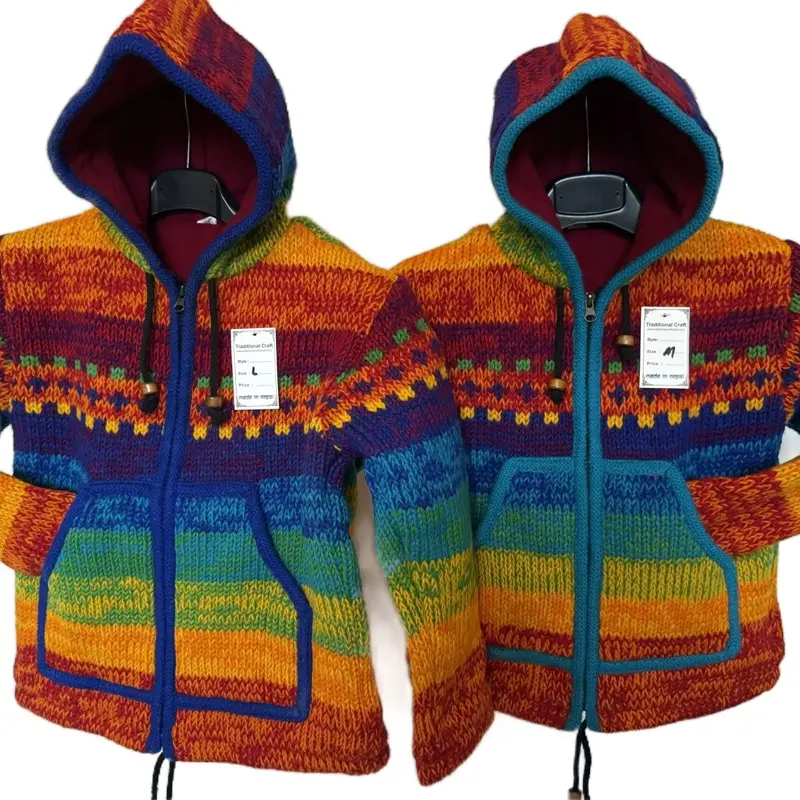 Kids Handmade Wool Rainbow Jacket with Fleece Lining, Zip-up, and Hoodie
