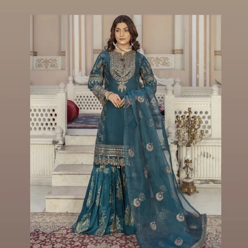 Beautiful Party Wear Embroidered & Digital Print 3pc Suit With Gharara & organza  Dupatta Womenswear 0