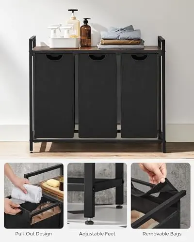 Large Industrial Wooden/Metal Laundry Hamper Basket Bin Organiser 3 x Removable Bags (30L Each) 3