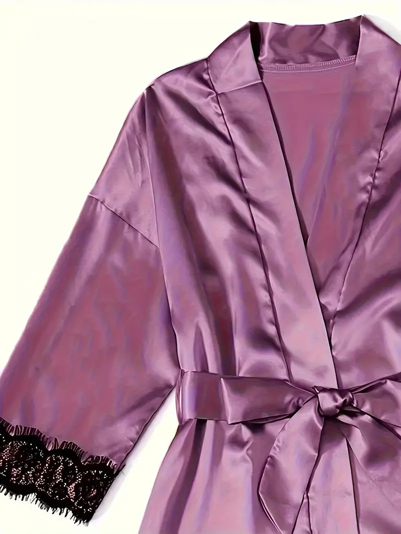 Product Introduction of Elegant Satin Breasted Set With Lace Contrast, Three-Quarter Sleeve Gown With Belt And Camisole Bra And Trousers And Elastic Shorts, Home Wear For Women Womenswear Lingerie 1