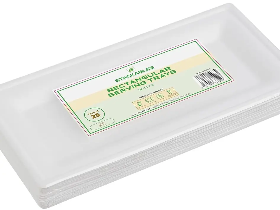Pack of 25 Disposable Food Tray ~ Rectangular Serving Trays ~ White Sugarcane Bagasse Biodegradable 10" X 5" Serving Platter