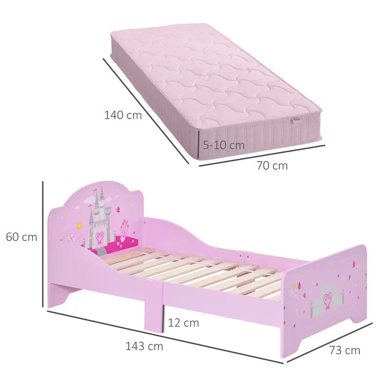 Kids Bed Princess Castle Theme w/Side Rails Slats Home Furniture for 3-6 Yrs Pink 143 x 73 x 60 cm 2