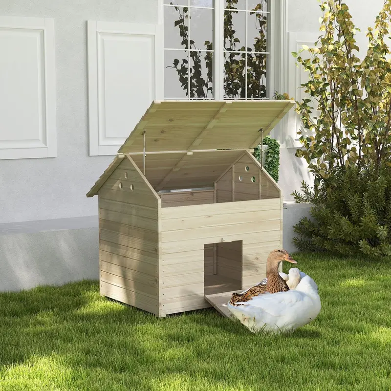 Wooden Duck House for 2-4 Ducks W/ Open Roof, Raised Base, Air Holes - Natural 8