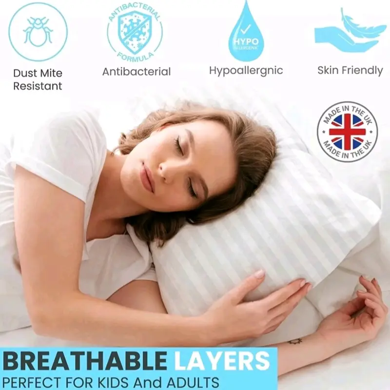 Pack of 2 hotel quality stripe soft pillows Cotton Soft Anti Bacterial Washable White 3