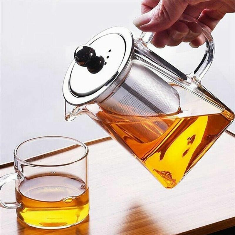 Square Glass Teapot with Infuser with Lid 350 ml, 550 ml, 750 ml - Borosilicate Tea Pot for Loose Tea, Clear Leaf Herbal Teapot with Strainer for Microwavable and Stovetop Safe - Transparent, Clear Steel Filter Teacup 4