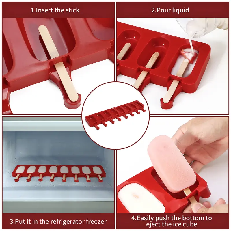 Vinsani Ice Lolly Moulds Silicone 8 Cavity Ice Cream Lolly Mould, Ice Lolly Makers with 50 Sticks, Food Grade BPA Free Ice Cream Mould for Frozen Popsicle Tray DIY Layer Ice Cream Lolly Tray - Red 6