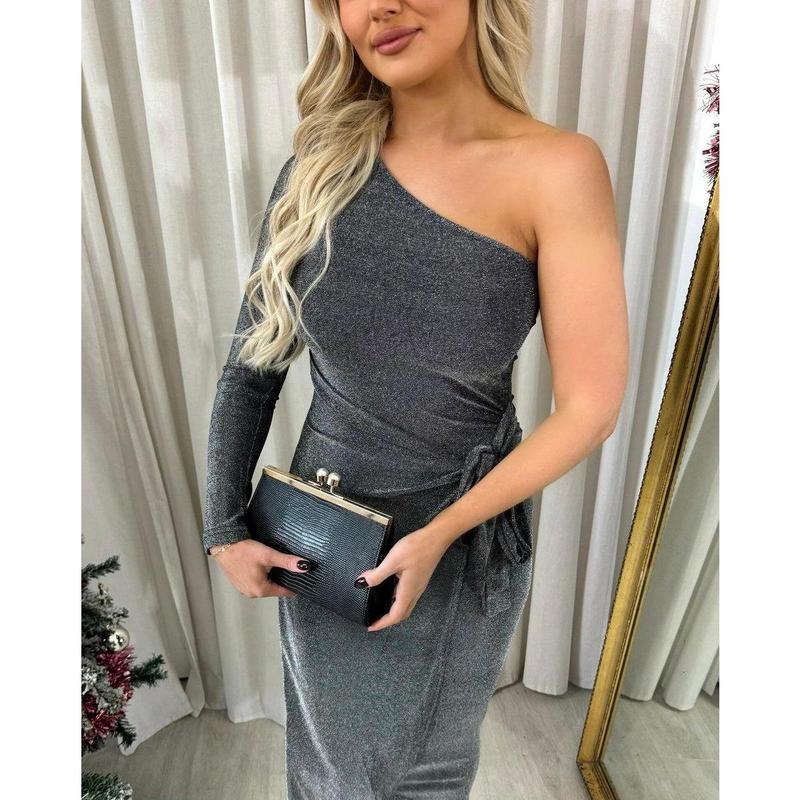iKrush One Shoulder Wrap Front Glitter Midi Dress i38442 Bodycon Wrap   Mid Calf Length  Collared One Shoulder Occasionwear Partywear Plain Date Night Going Out Party 3