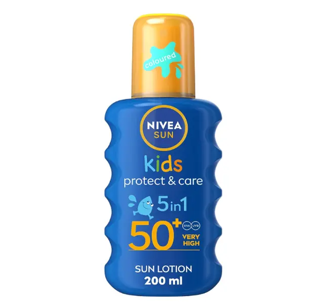 NIVEA SUN Kids Protect & Care SPF 50+ Coloured Spray (200ml), Sunscreen Protects Delicate Skin Against Sunburn and Long-Term UV Damage, Fast-Absorbing No White Cast Sun Lotion
