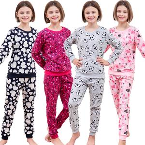 Girls Fleece Pyjama Set with Long Sleeve T-Shirt & Bottom Pants Sleepwear Loungewear & Nightwear for Kids Soft & Comfortable Top & Trousers 4-13 Years Panda, Love Heart, cuffed, warm, cosy, pjs