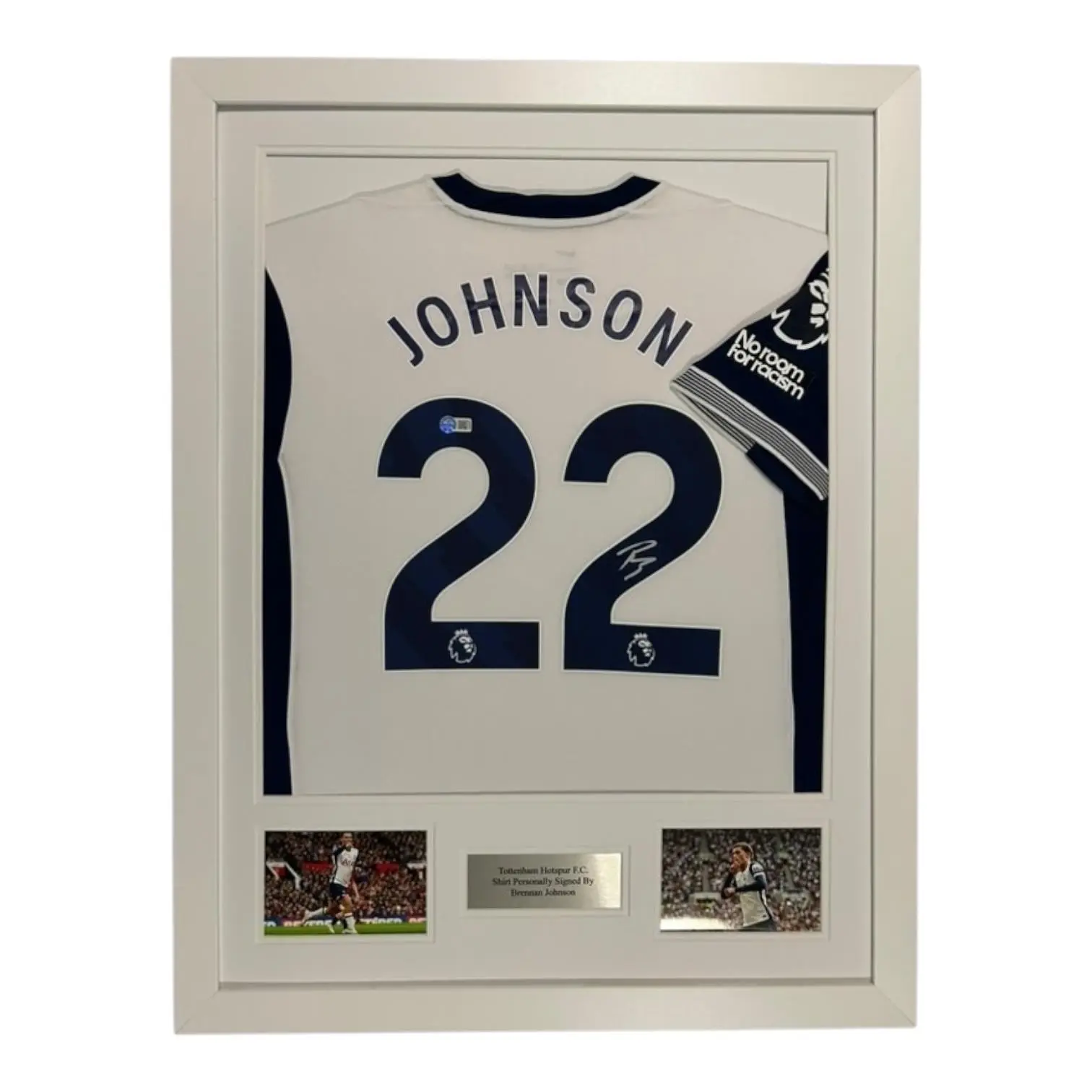 Brennan Johnson Signed Shirt Framed with COA, Photo Proof & AFTAL Authenticated – Tottenham Hotspur All White Frame