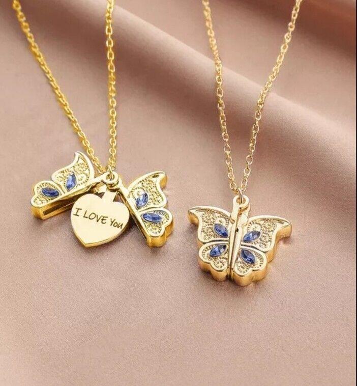 Crystal Fashion Women's Butterfly Pendant Necklace With I Love You Heart Shaped Engraved Locket Birthday Christmas Valentines Gift for Girlfriend Sister Mum Ladies 5