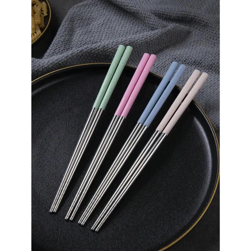 4pairs/set Stainless Steel Chopsticks, Color Block Chopsticks For Dining Cutlery Tableware Multicolor 3