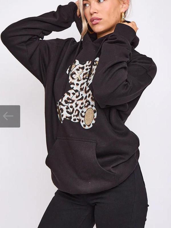 Ladies Long Sleeve Oversized Leopard Print Teddy Graphic hoodie sweatshirt Baggy jumper Dress Casual 3