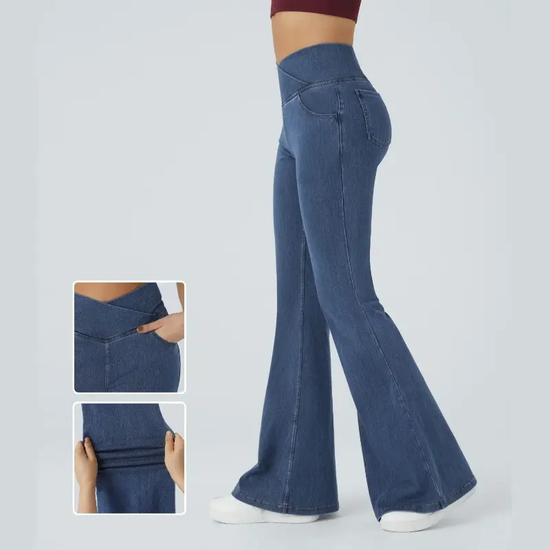 High Waisted Crossover Pocket Washed Stretchy Knit Casual Super Flare Jeans
