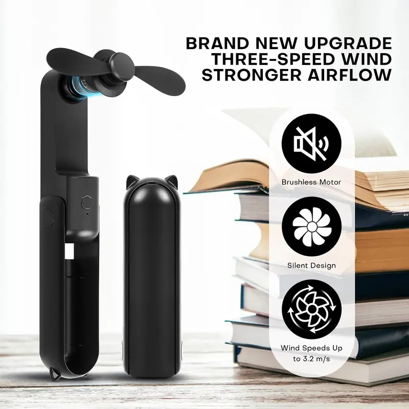 Mini Fan Handheld, 3 Speeds Rechargeable Quiet Mini Handheld Fan[9-15 Working Hours], Portable USB Small Pocket Fan, Personal Fan with Power Bank for Travel, Outdoor or Indoor All Black 1