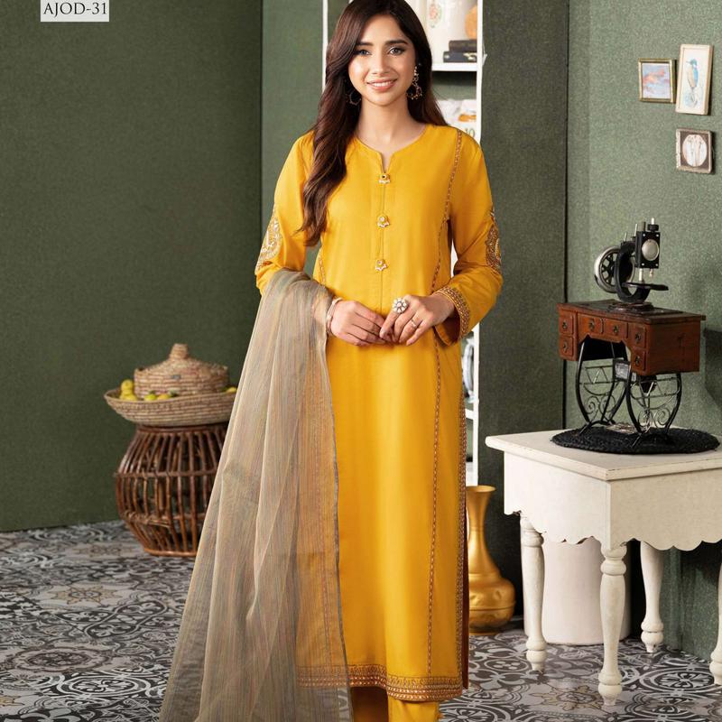 Outfit Of The Day Collection By Asim Jofa | Ajod-31| - 3 Piece Ready To Wear Cotton Embroidered Kameez With Dupatta Dress Fabric 0