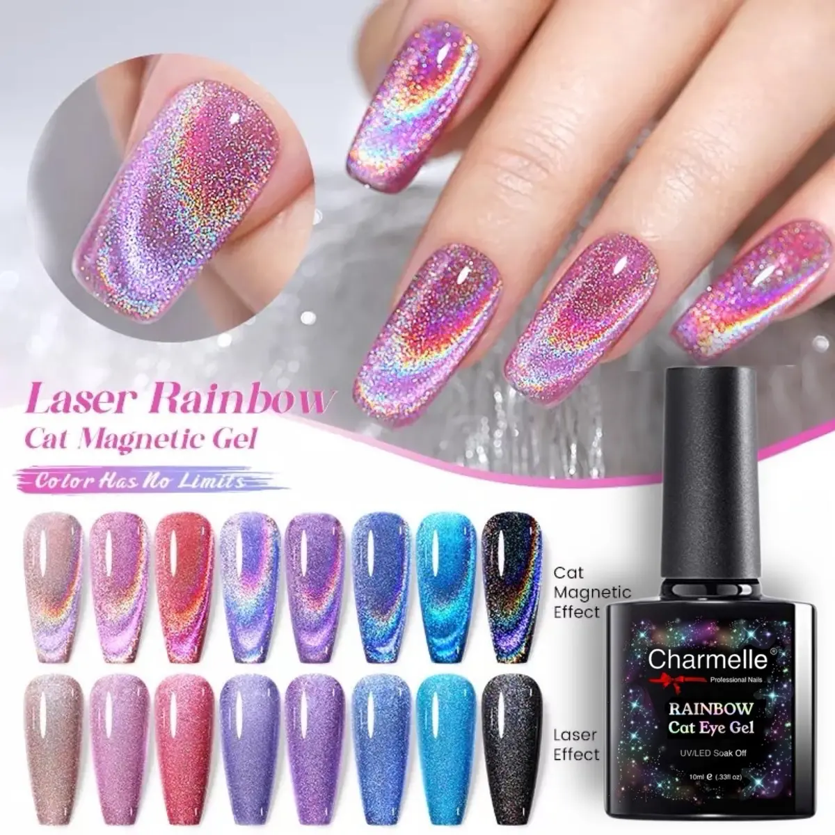 Holographic Cat Eye Rainbow Nail Nail Polish Gel Polish Omnipotent Magnetic Laser Colourful Spar Charmelle Long-lasting High Chameleon Gloss Nail Art Manicure LED / Uv