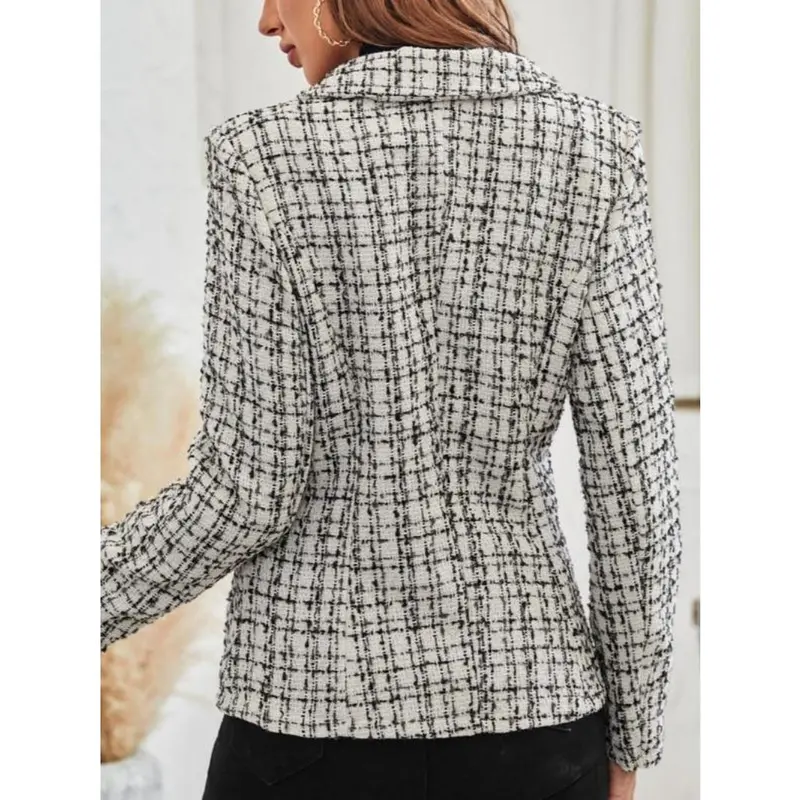 Women's Plaid Print Double Button Lapel Blazer, Casual Long Sleeve Outerwear for Fall & Winter, Ladies Clothes for Work Office Business 5