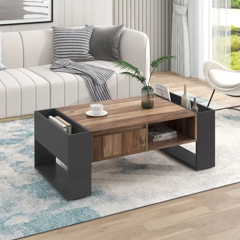 BTM Wood grain coffee table, with a handleless drawer, a storage compartment and rear storage compartment, double-sided storage. With storage compartments on both sides.Office, living room sofa table 1