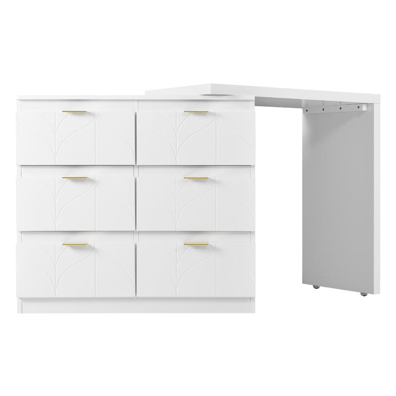 Product Introduction of Dressing Table with Side Table, Bedroom Dressing Tables, Office Table with 6 Drawers, Gold-Plated Handles, Rotating Table Top (180°), Floral Pattern, Shock-Resistant Rounded Corners, White (Without Mirror and Stool) 20
