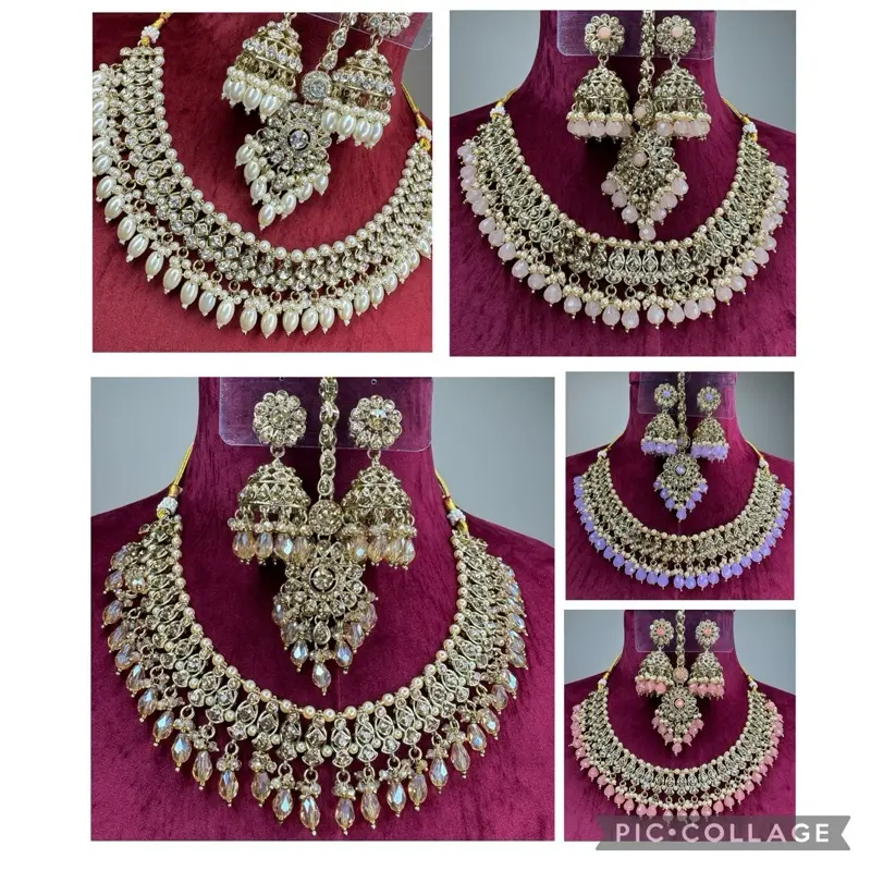 SN91 Mixed Ladies Coloured Stone Pearls Beads Necklace Earrings And Tikka Set Bridal Party Wear Indian Pakistani Wedding Jewellery