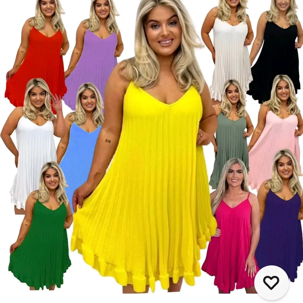 Women's Ladies Pleated Frill Strappy Cami Summer Oversized Swing Shirt Dress Top