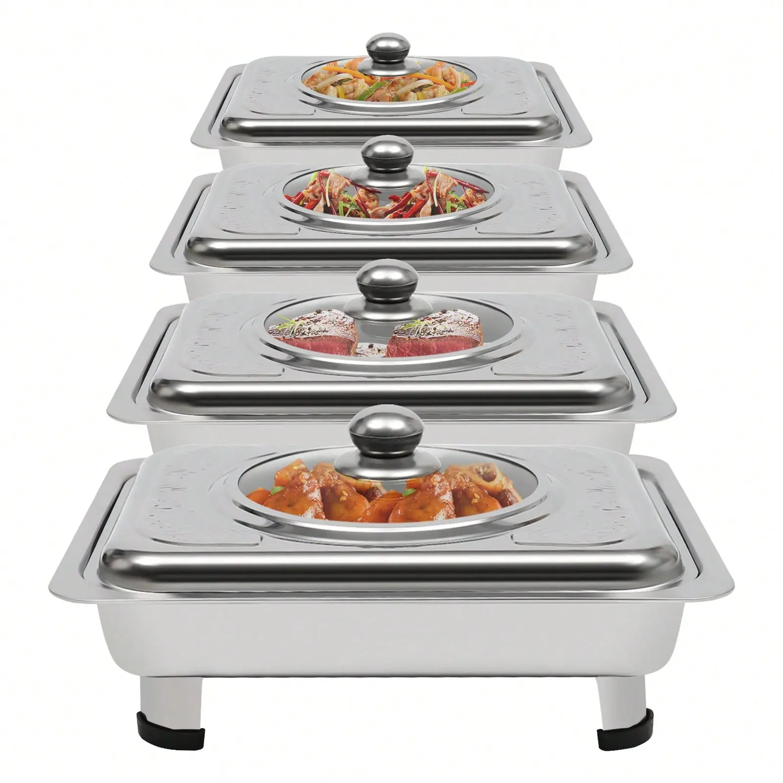 4 Pack Stainless Steel Buffet Trays with Lids – Elegant Rectangular Chafing Dishes for Parties, Weddings & Catering!