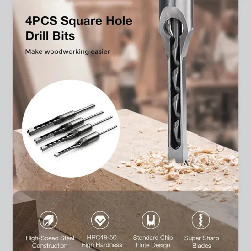 ⭐[Delivery In 2-3 Days]⭐4PCS/set Square Hole Saw Drill Bits Woodworking Mortising Chisel Drill Bit Set 4