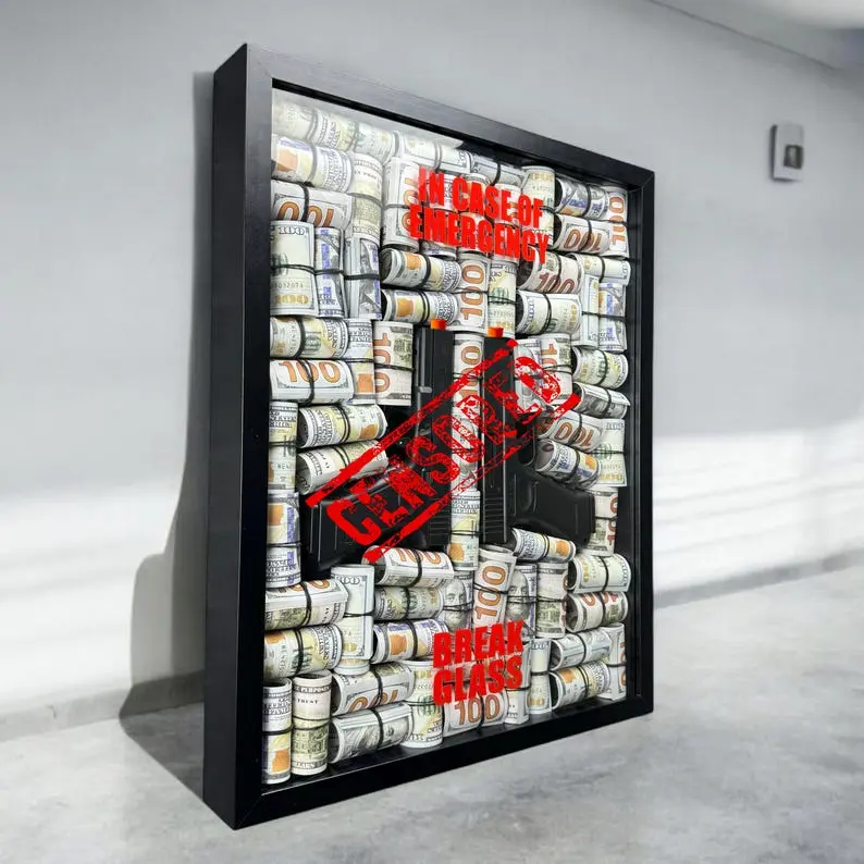 In Case of Emergency Break Glass - Gun & Money Shadow Box | Scarface Movie Props Replica Weapon Art | Gangster Gift for Men - Dollars Сash