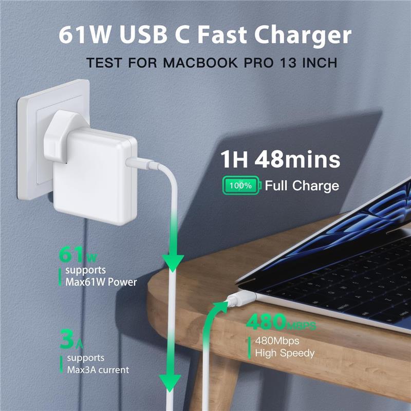 Macbook Charger, 61W USB C Fast Macbook Pro/Air Charger, Compatible with MacBook Pro 13 inches, MacBook Air 2018-2021, iPad Pro, Samsung, Lenovo and more (6.6ft USB C to USB C Cable Included) 5