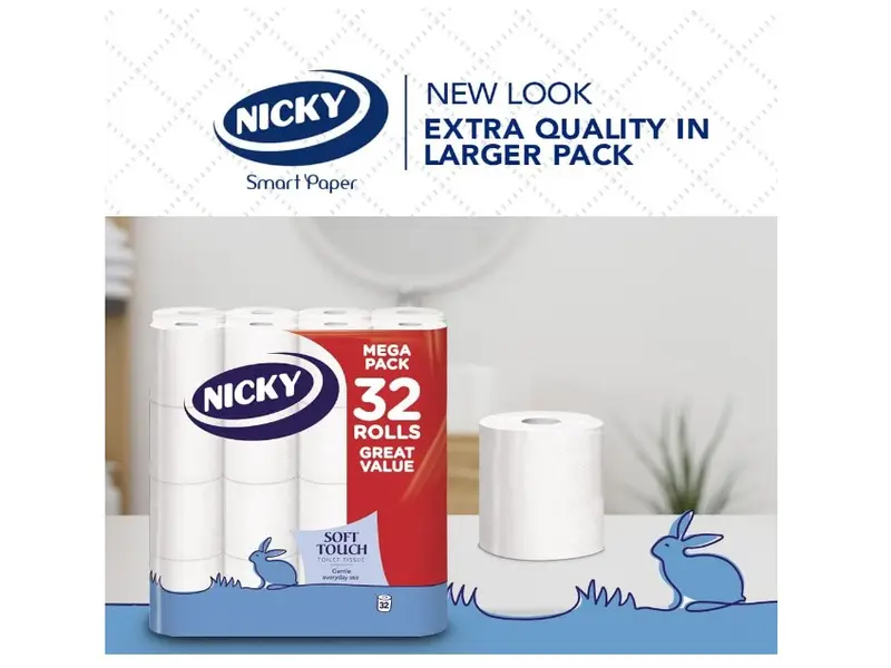 Nicky Soft Touch Toilet Tissue |Extra Value Pack – 32 Rolls of Extra Gentle White Toilet Paper |190 Sheets per Roll| 2-ply | Soft Tissue | Modern Embossing |Easy Opening | 100% FSC Certified Paper Wipes 1