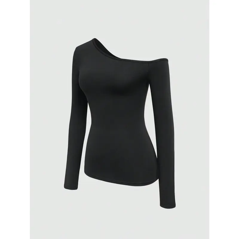 INAWLY Women's Oblique Shoulder Slim Long Sleeve T-Shirt 2