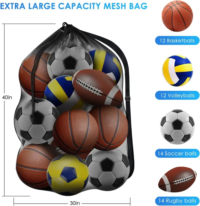 30” x 40” Extra Large Sports Ball Bag for Football, Basketball, Volleyball, Swimming Gear - Drawstring Mesh Bag with Adjustable Shoulder Strap 4