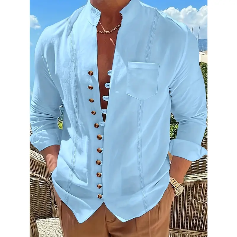Men's Solid Ethnic Style Band Collar Jacket For Spring Summer, Stylish Casual Cotton Shirt For Males 1