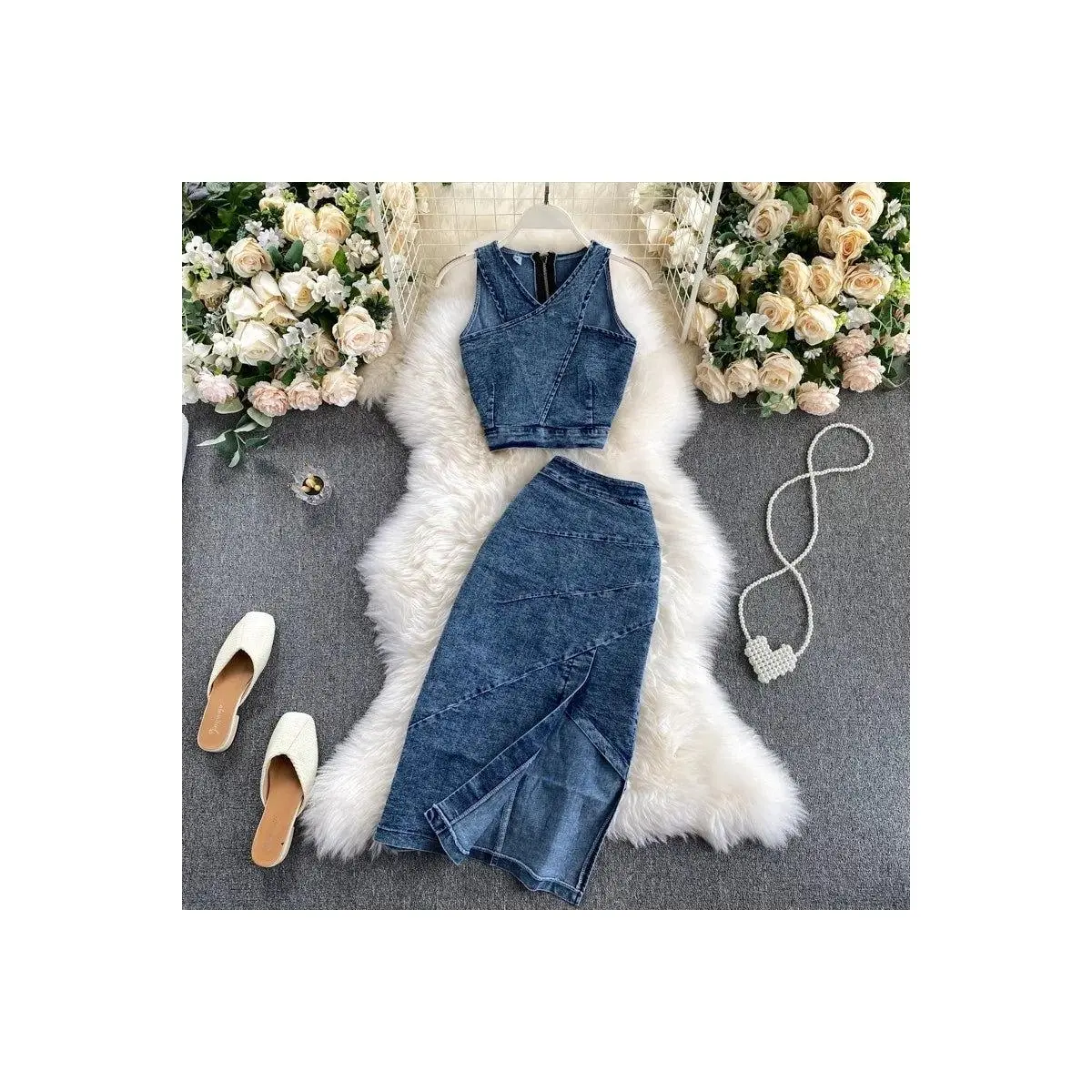 Denim Vest + Skirts Sets Sleeveless Jeans Suit Outfits