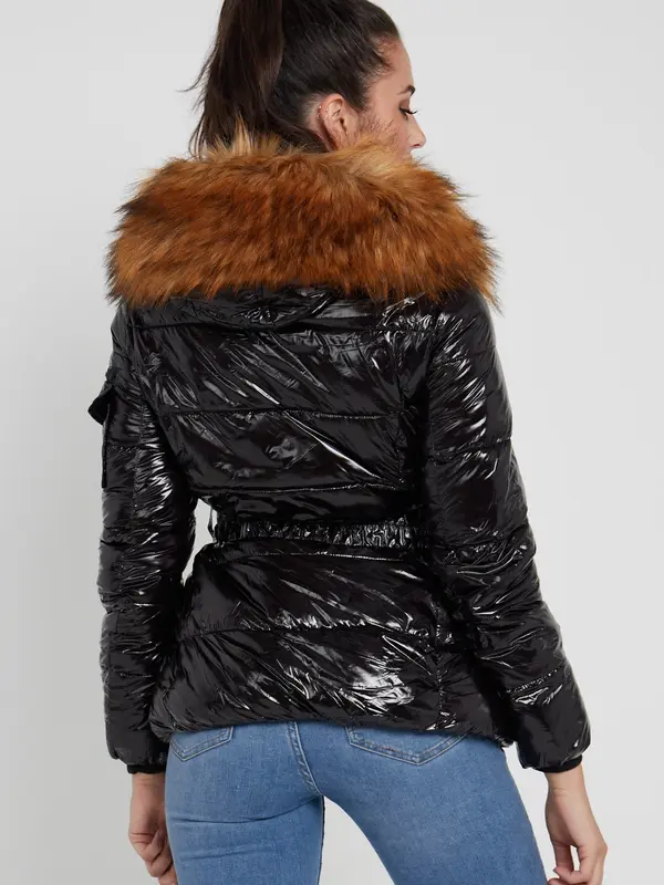 Love Sunshine Shiny Belted Puffer Coat with Faux Fur hood Fitted Pocket Jacket Women Womenswear Outerwear 2