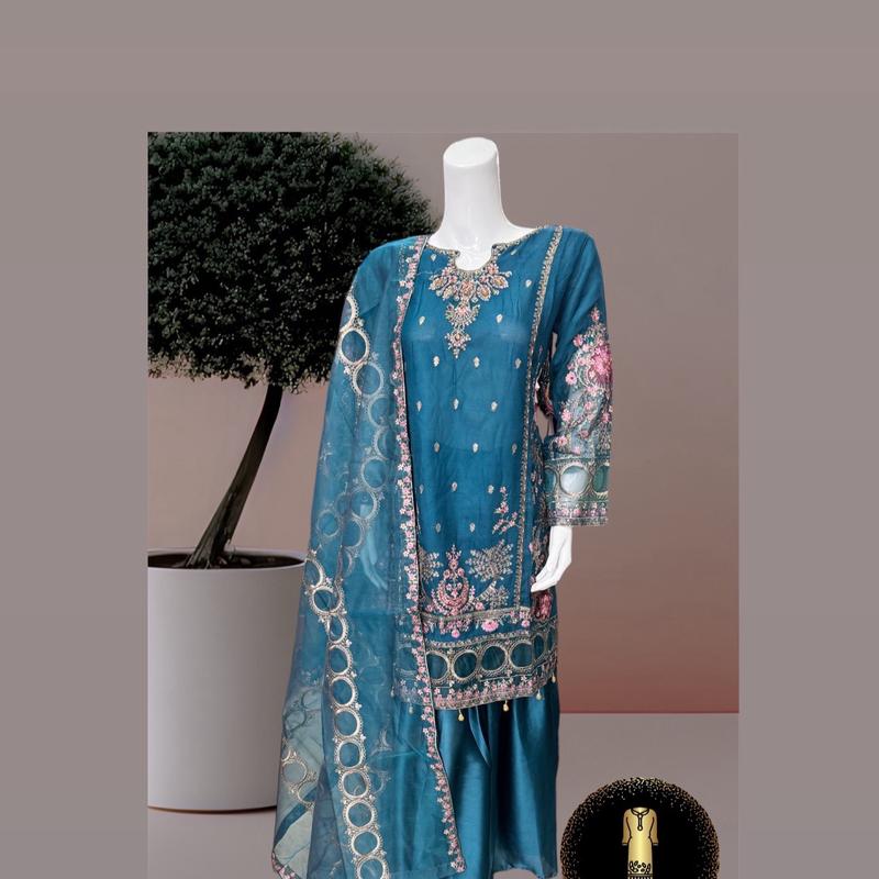 Beautiful Party Wear Chiffon Fabric Embroidered 3pc Suit With Soft Net Dupatta & Plain Silk Gharara Womenswear 3