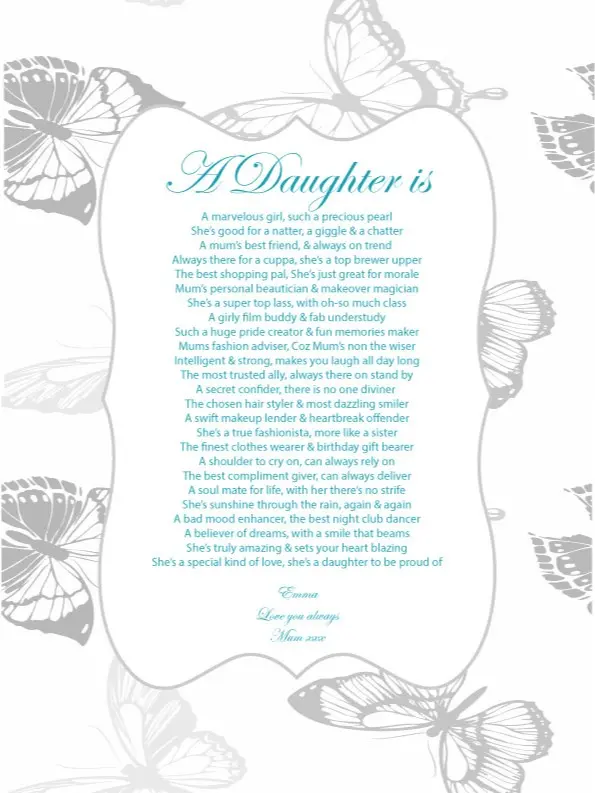 Personalised Daughter Gift Poem Poetry Print For Birthday Christmas Butterflies Wall Art Decor Artistic Decoration 5