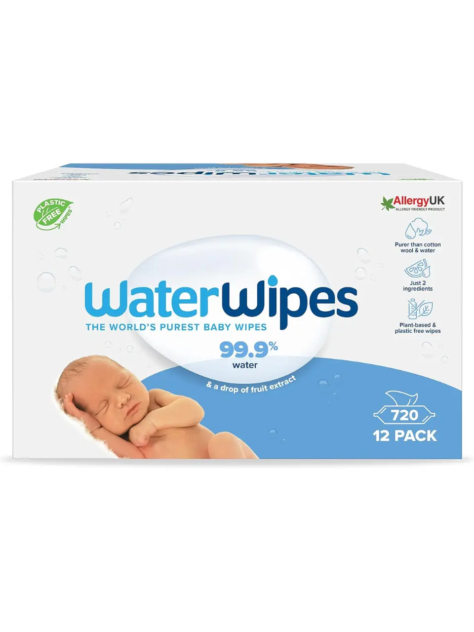 WaterWipes Plastic-Free Original Baby Wipes, 720 Count (Pack of 12), Unscented for Sensitive Skin