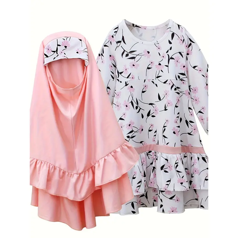 Conjunto de Ropa Étnica Tradicional Musulmana para Niñas de Primavera y Otoño - Vestido Floral de Manga Larga + Pañuelo para la Cabeza, Conjunto de Dos Piezas 3