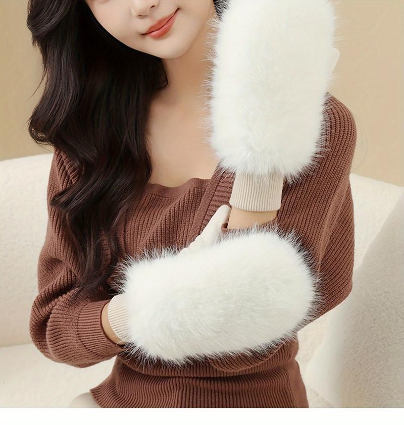 Product Introduction of Women'S Winter Thermal Knitted Mittens - Cozy Polyester Fur-Lined Gloves for Outdoor Use, Non-Stretch Warm Gloves for Cycling, Hand Washable 0