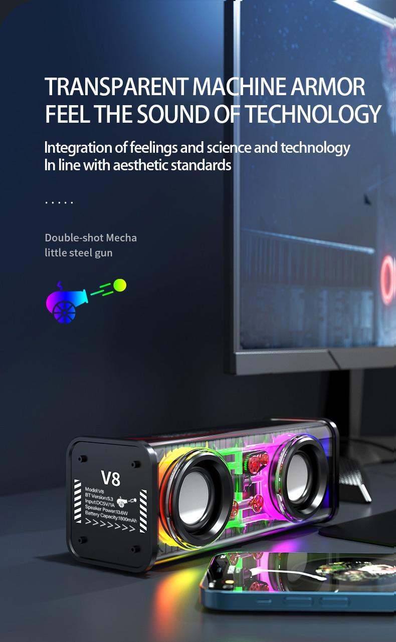 Product Introduction of New transparent dazzle colour light bluetooth speaker V8/small steel cannon bass/support tandem mecha 2