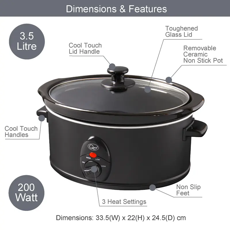 Quest - 35279 3.5 Litre Slow Cooker - Compact Stainless Steel - 3 Temperature Settings - Transparent Toughened Glass Lid - Dishwasher Safe Bowl - Black Colour - 200W 2