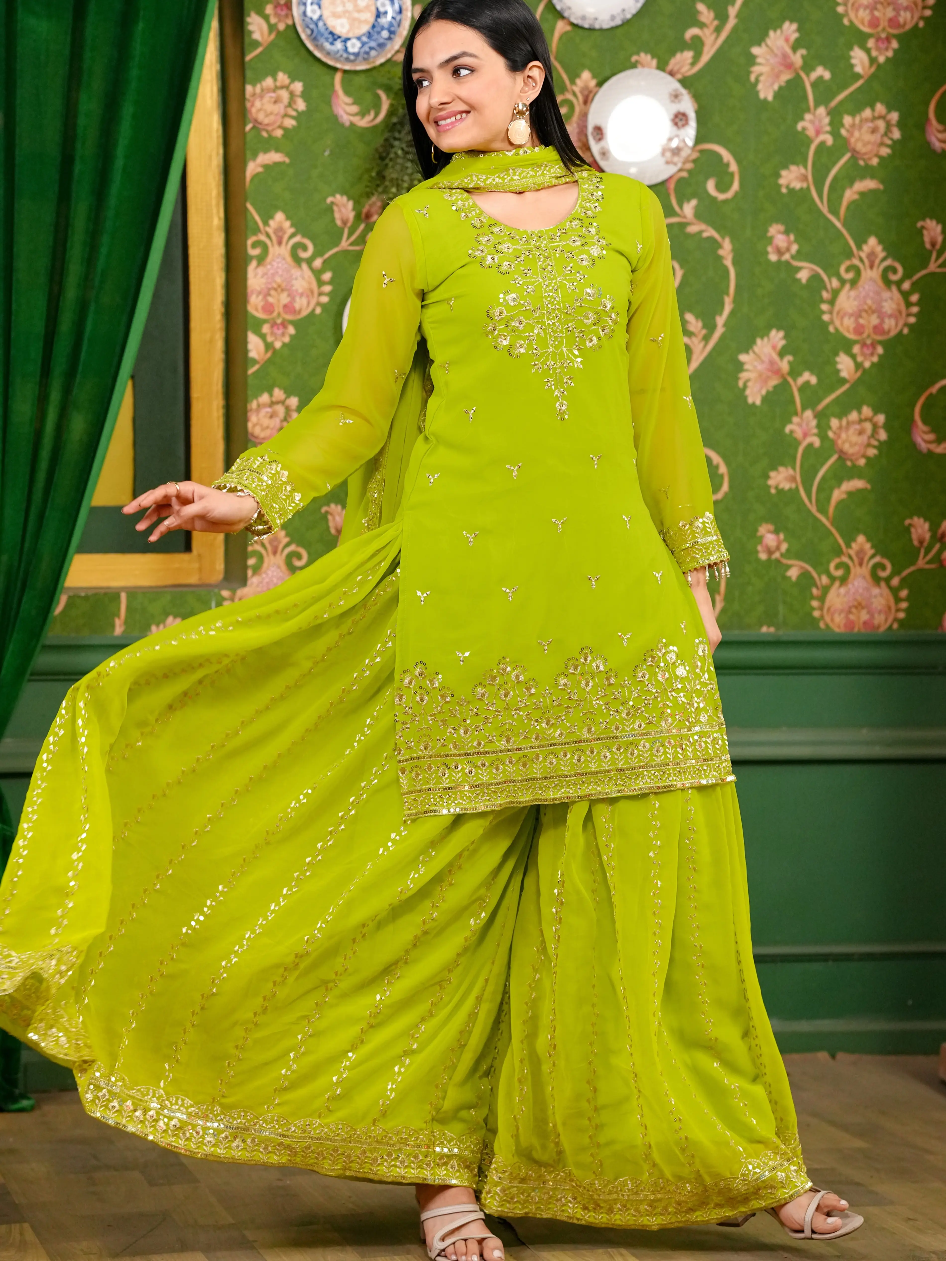 TJS Premium Lime Green Sharara Suit with Top and Dupatta Intricate Golden Embroidery & Sparkling Motifs – Elegant Festival & Occasion Wear for Women of All Sizes – Perfect for Weddings, Special Events, and Celebrations – Luxury Ethnic Design