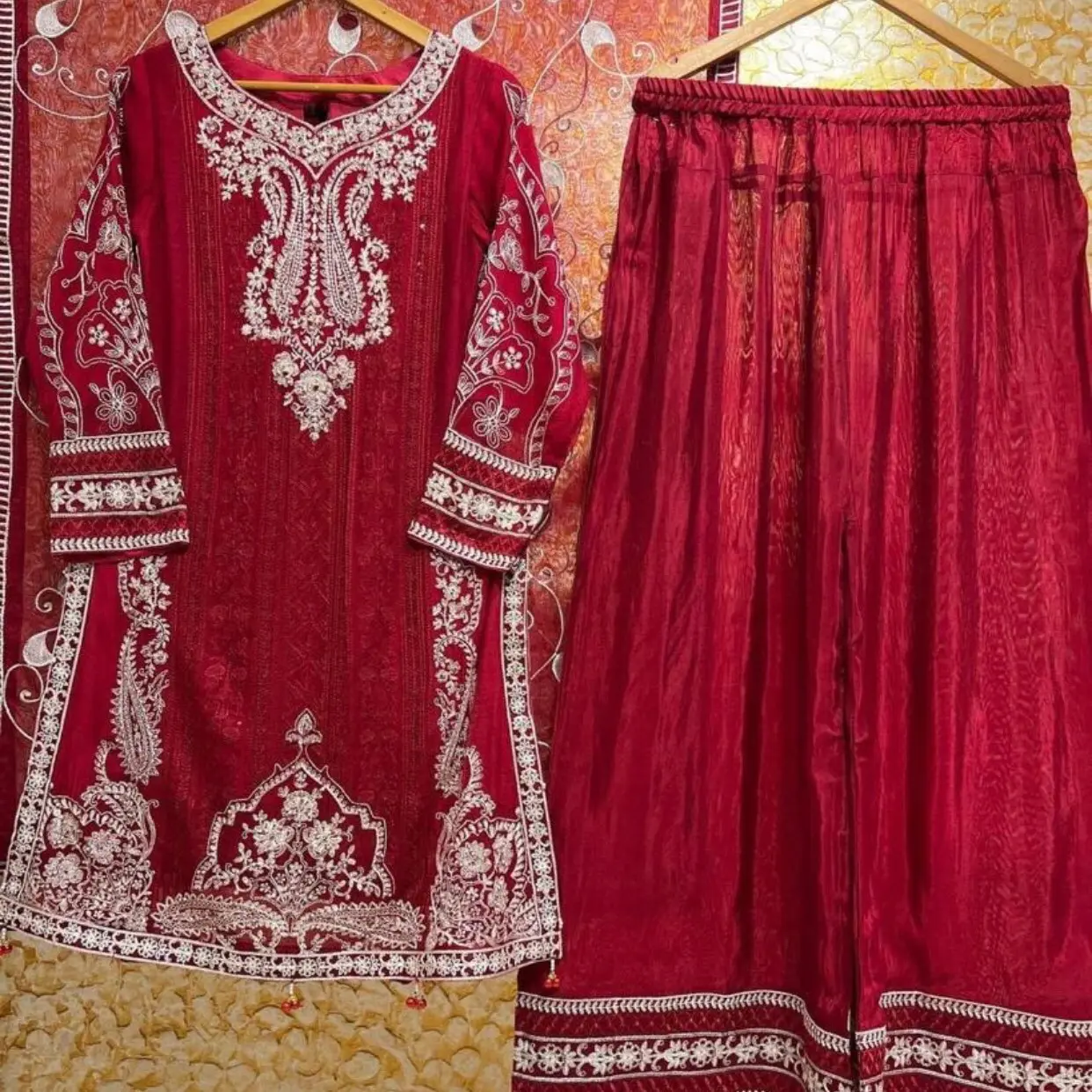 Naira Chiffon Partywear with palazzo trouser sharara Outfit and chiffon dupatta Embroidered Traditional Dress Womenswear