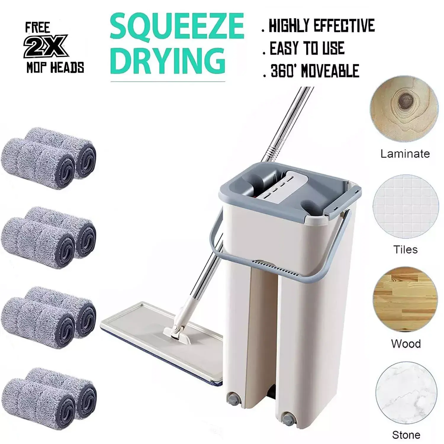 360° Flat Mop and Bucket Set for Efficient Cleaning - Beige Plastic Pad - Home and Office Cleaning - Stainless Steel Handle - Includes 2 Pads