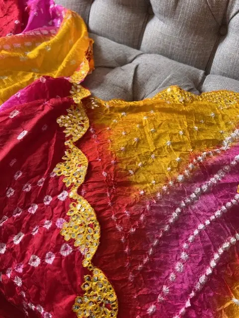 Multicoloured BANO print dupatta chunni scarf fancy. Available in 3 designs. Crushed Silk touch material. Approx L235cmxW90cm 1